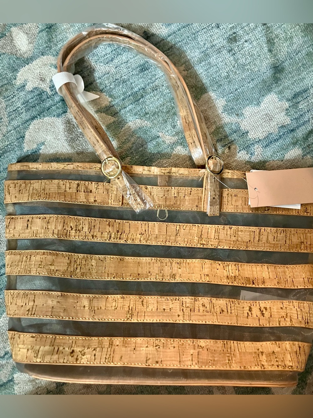 JustFab Cork-Striped Tote in Grey and Taupe